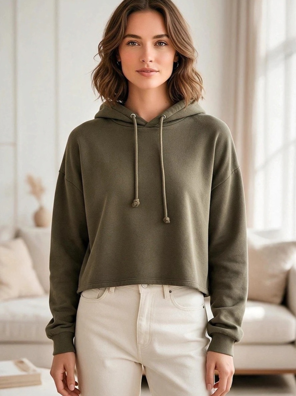 H&M Cropped Hoodie in Olive Green Size Small